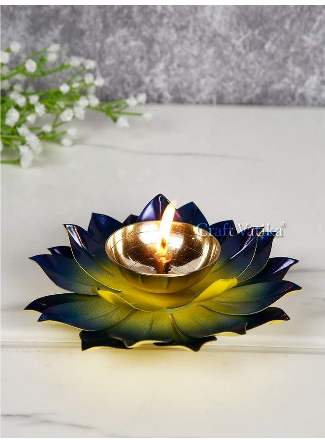 Collectible India Collectible India Lotus Diya Puja Oil Lamp - Metal Handpainted Deepak -Home Temple Puja Articles Decor (Blue 5.5 X 1.5 Inch)  - Image 4
