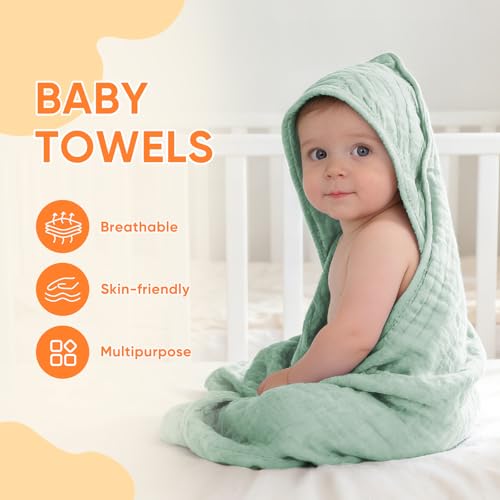 MIGIOL Muslin Hooded Baby Towels 100 Cotton Super Soft Muslin Baby Bath Towel 32 x 32 Inches Suitable for Newborn and Young Children up to 3 Years Old Beige Green - Image 3