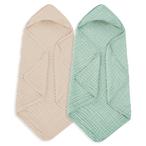 MIGIOL Muslin Hooded Baby Towels 100 Cotton Super Soft Muslin Baby Bath Towel 32 x 32 Inches Suitable for Newborn and Young Children up to 3 Years Old Beige Green - Image 1