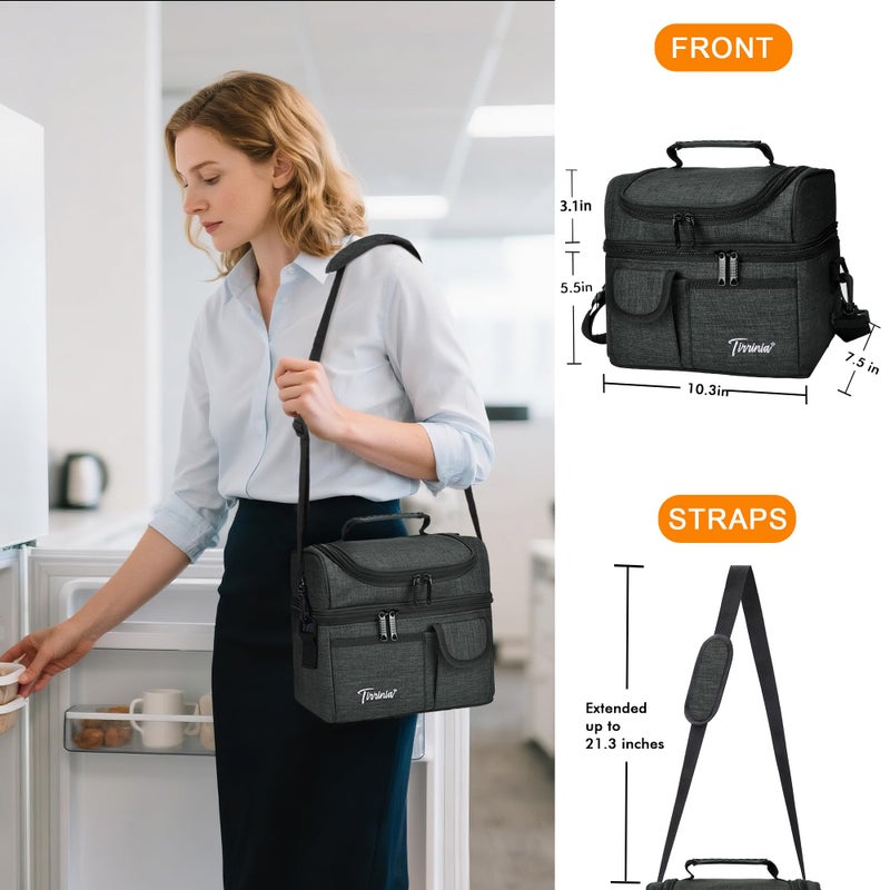 Tirrinia Reusable Lunch Box for Men Women, Insulated Lunch Bag Adult Work, Double Decker Leakproof Lunchbox for Office Picnic Beachâ€”Dual Compartment Lunch Cooler Bag - Image 3