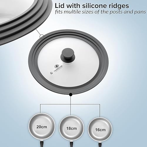 CountryCook Multi-Sized Tempered Glass Lid for 16/18/20 cms Frying Pan/Kadai/Skillet Cooking Vessels with Stream Vent, Silicone Rim & Knob Dishwasher Safe (Grey, Small (Fits 16/18/20 cms)) - Image 2