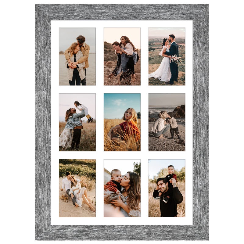 Gaevuian 135x195 Picture Frame Display 9 opening 4X6 Picture Frame CollageMulti Photo Frame with MatPlexiglassWall or Tabletop DecorGrey Wood Grain