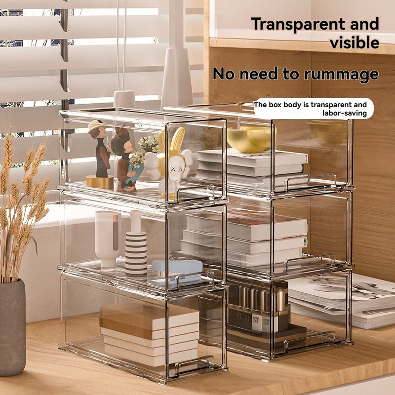 Stackable Storage Box: Transparent PET Dust-proof Design - Smooth Gliding Drawer Organizer for Desk Sundries, Cosmetics, Dormitory Use - Image 3