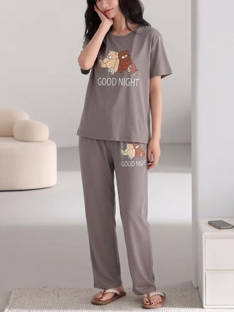 SMOWKLY Women's Premium Cotton Blend Cute Print Two Piece Pj Sleepwear Co-ord Set || Stylish Top with Pajama Pant Comfy Loungwear (1675_Gry_2XL) Grey - Image 5