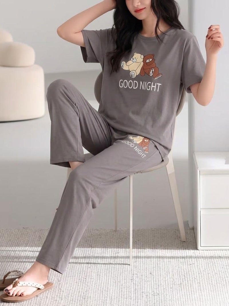 SMOWKLY Women's Premium Cotton Blend Cute Print Two Piece Pj Sleepwear Co-ord Set || Stylish Top with Pajama Pant Comfy Loungwear (1675_Gry_2XL) Grey - Image 2