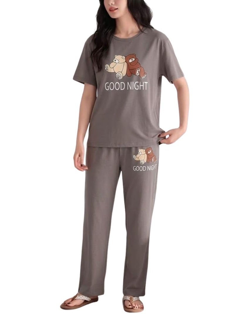 SMOWKLY Women's Premium Cotton Blend Cute Print Two Piece Pj Sleepwear Co-ord Set || Stylish Top with Pajama Pant Comfy Loungwear (1675_Gry_2XL) Grey - Image 1