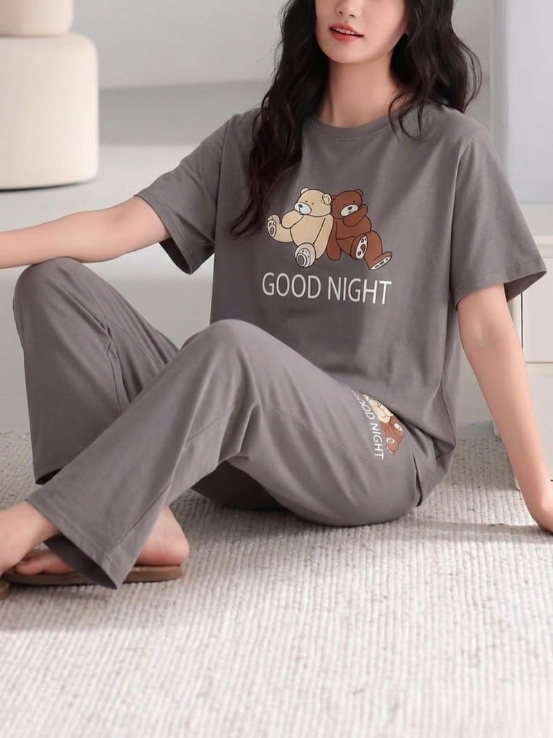 SMOWKLY Women's Premium Cotton Blend Cute Print Two Piece Pj Sleepwear Co-ord Set || Stylish Top with Pajama Pant Comfy Loungwear (1675_Gry_2XL) Grey - Image 4