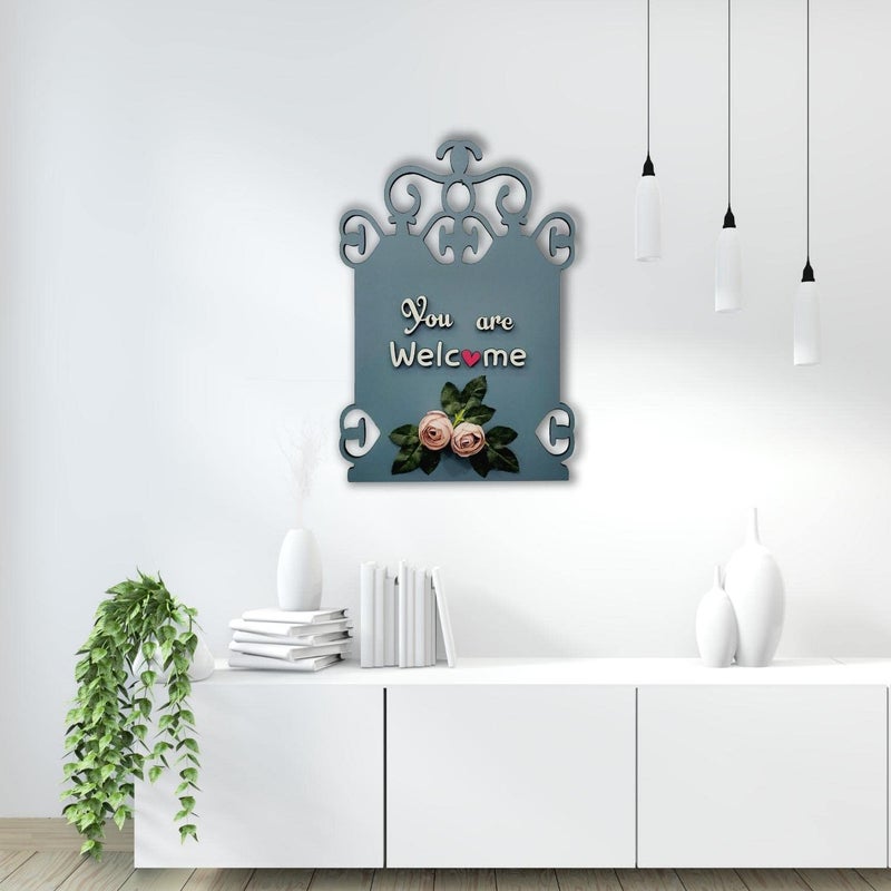 Chalk My Theme You are Welcome Wooden Wall Hanging with Artificial Pink Roses and Leaves for Living Room Kitchen Bedroom Balcony Cafe and Salon - Image 2