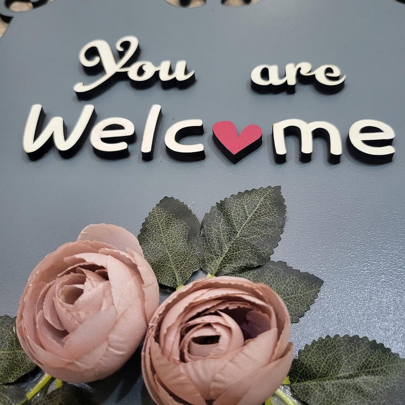 Chalk My Theme You are Welcome Wooden Wall Hanging with Artificial Pink Roses and Leaves for Living Room Kitchen Bedroom Balcony Cafe and Salon - Image 4