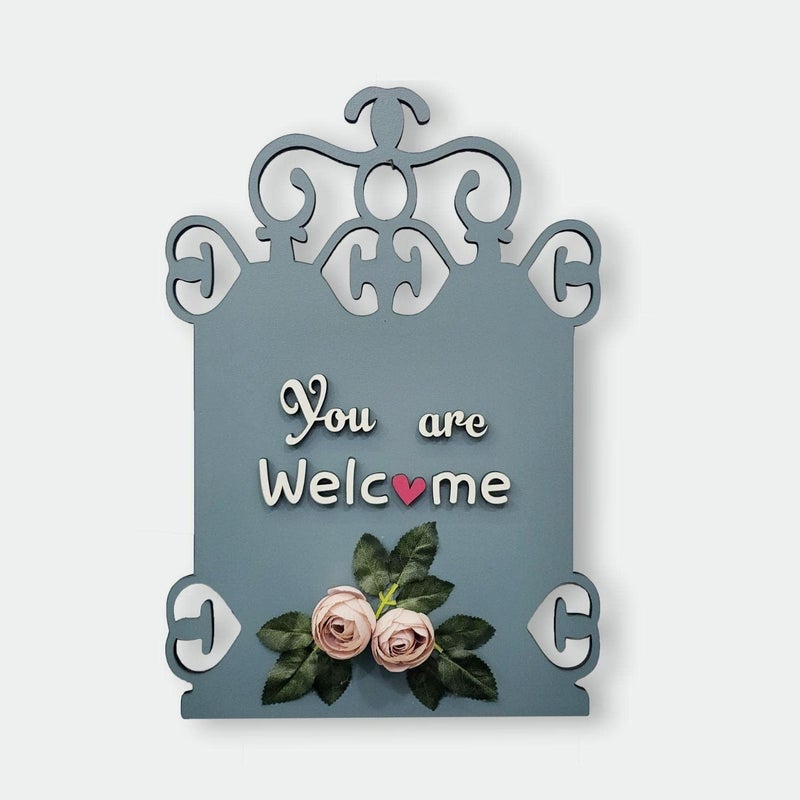 Chalk My Theme You are Welcome Wooden Wall Hanging with Artificial Pink Roses and Leaves for Living Room Kitchen Bedroom Balcony Cafe and Salon - Image 1
