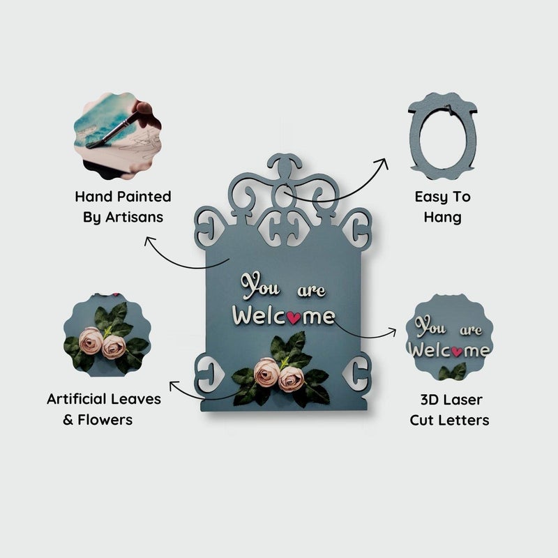 Chalk My Theme You are Welcome Wooden Wall Hanging with Artificial Pink Roses and Leaves for Living Room Kitchen Bedroom Balcony Cafe and Salon - Image 5