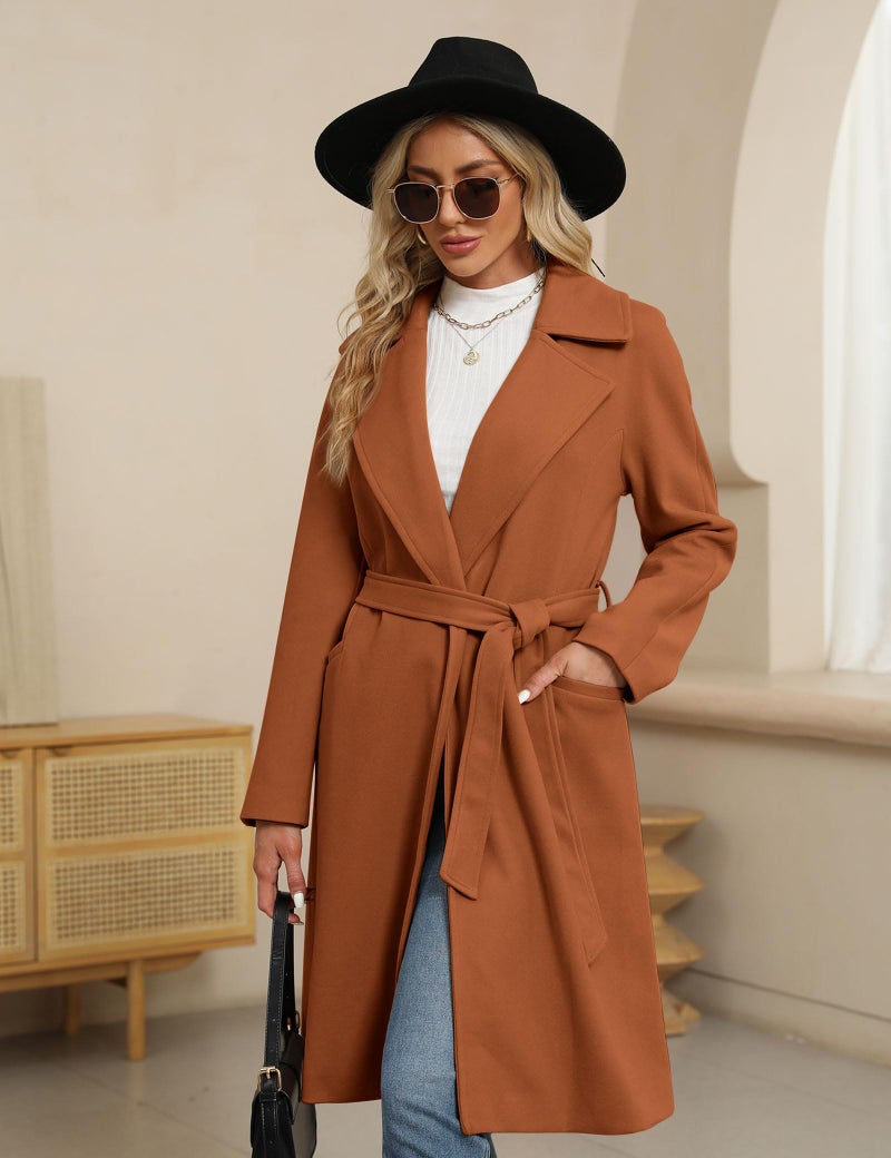 BZB Women's Long Wool Blend Pea Coat Winter Casual Overcoat Notched Lapel Collar Trench Coat Belted Long Jacket Outerwear - Image 4