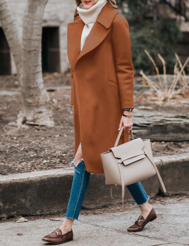 BZB Women's Long Wool Blend Pea Coat Winter Casual Overcoat Notched Lapel Collar Trench Coat Belted Long Jacket Outerwear - Image 3