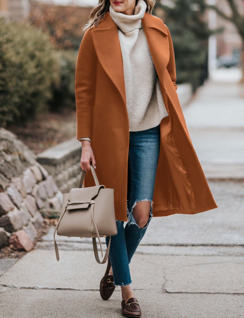 BZB Women's Long Wool Blend Pea Coat Winter Casual Overcoat Notched Lapel Collar Trench Coat Belted Long Jacket Outerwear - Image 2