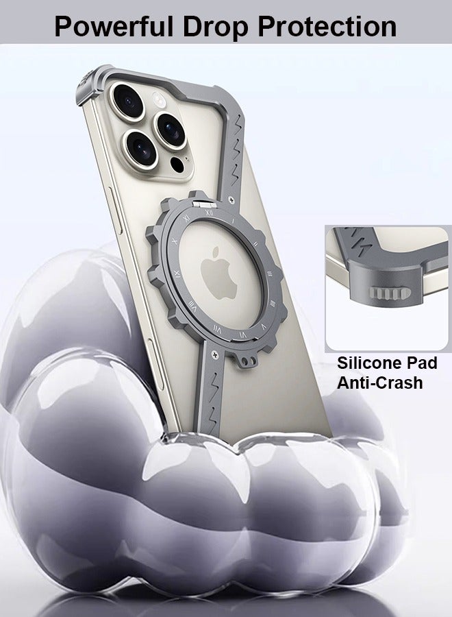 Farahom Magnetic for iPhone 16 Pro Max Case Frameless with 360° Rotation Kickstand, Compatible with MagSafe, Z Shape Bumper Case Minimalist Protective Shockproof Shell, Grey - Image 4