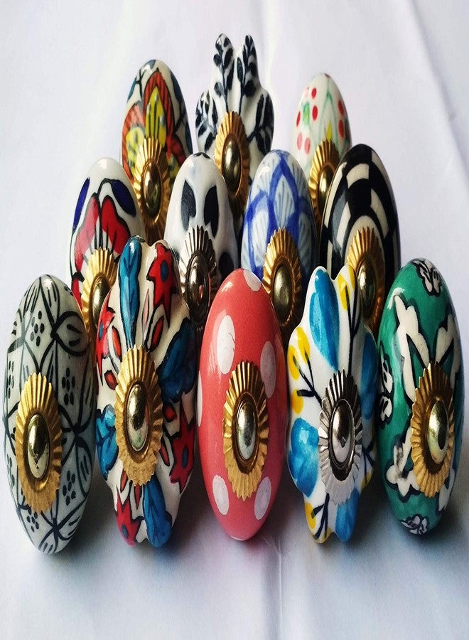 Shiv Kripa Blue Pottery مجموعة متنوعة من 12 مقبضًا من السيراميك الأزرق من شيف كريبا، بتصميمات احتفالية عرقية (متعددة الألوان). - Image 1