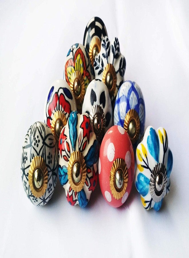 Shiv Kripa Blue Pottery مجموعة متنوعة من 12 مقبضًا من السيراميك الأزرق من شيف كريبا، بتصميمات احتفالية عرقية (متعددة الألوان). - Image 2