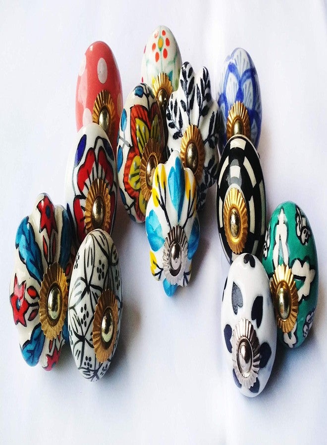 Shiv Kripa Blue Pottery مجموعة متنوعة من 12 مقبضًا من السيراميك الأزرق من شيف كريبا، بتصميمات احتفالية عرقية (متعددة الألوان). - Image 3
