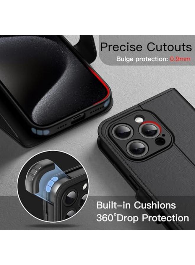 جي تيك حافظة محفظة لهاتف آيفون 15 برو ماكس 6.7 بوصة من الجلد الصناعي المقاوم للصدمات مع حامل بطاقات وحماية كاملة للكاميرا باللون الأسود من التيتانيوم - Image 4
