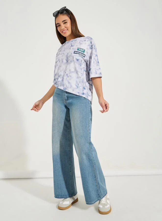 Styli Oversized Acid Wash Patch Detail T-Shirt with Dropped Shoulder