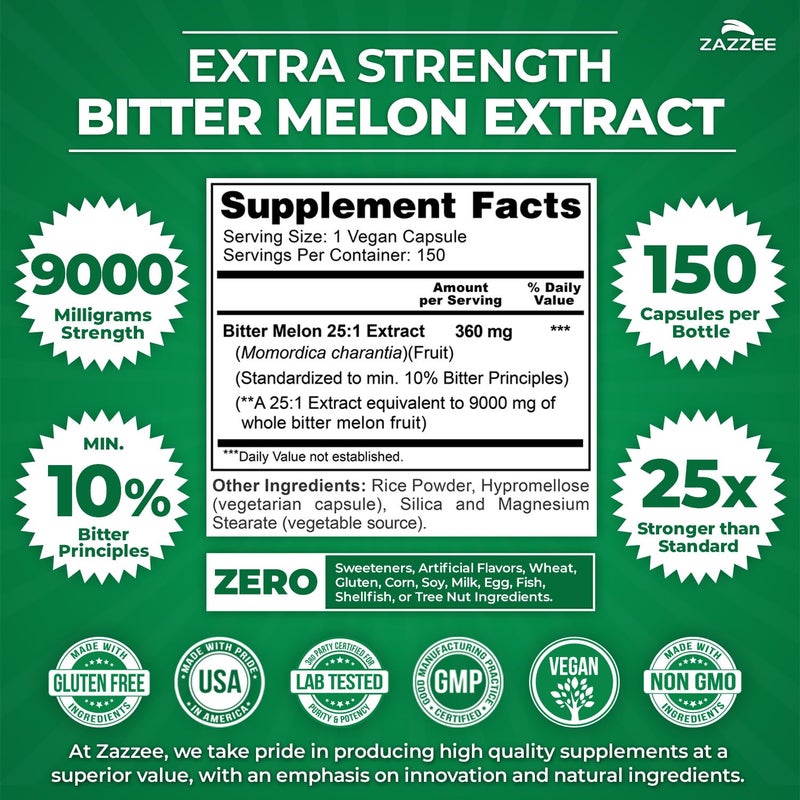 Zazzee Extra Strength Bitter Melon 25:1 Extract, 9000 mg Strength, 10% Bitter Principles, 150 Vegan Capsules, Standardized and Concentrated 25X Extract, 100% Vegetarian, All-Natural and Non-GMO - Image 2