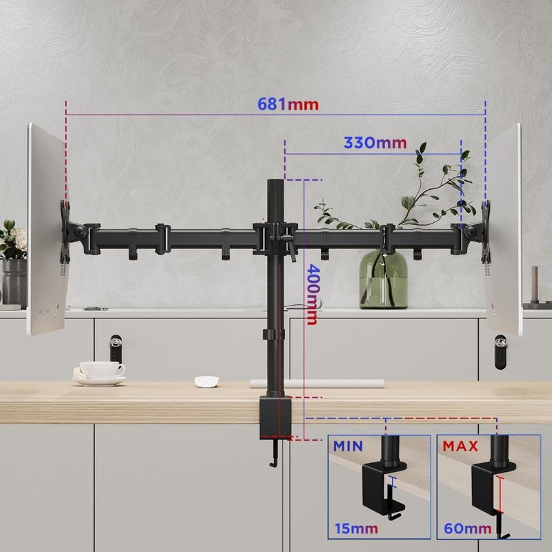 Duronic DM252 Dual PC Monitor Arm Stand Desk Mount Screen Bracket Clamp Double/Twin |LCD |LED | Tilt and Swivel (Tilt ñ45ø|Swivel 180ø|Rotate 360ø) - Image 2