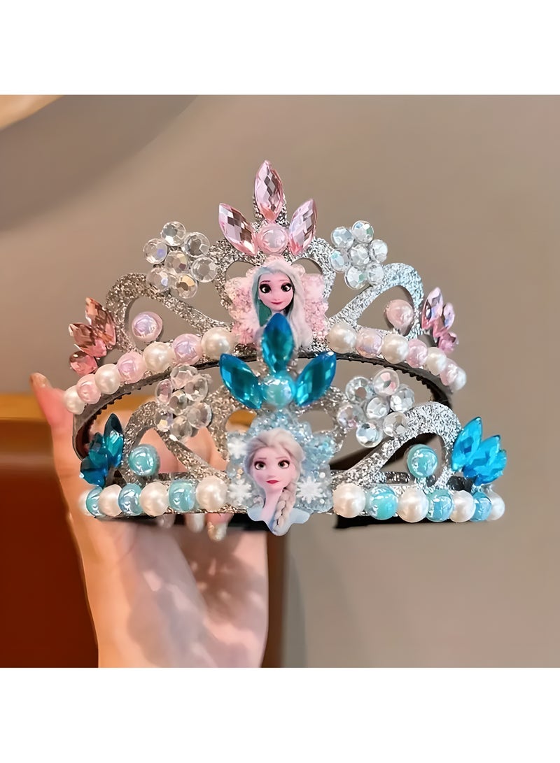 LIXADA 2pcs Frozen Elsa Princess Crown Headband, Plastic tiara with Rhinestones and Pearls, Princess Party Birthday Gift Accessory (Pink And Blue)  - Image 1