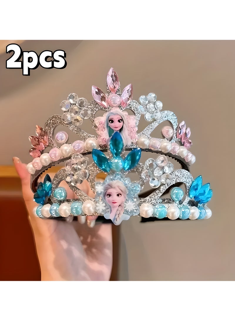 Elsa Doll 2pcs Frozen Elsa Princess Crown Headband, Plastic tiara with Rhinestones and Pearls, Princess Party Birthday Gift Accessory (Pink And Blue) - Image 1