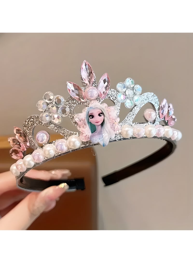 Elsa Doll 2pcs Frozen Elsa Princess Crown Headband, Plastic tiara with Rhinestones and Pearls, Princess Party Birthday Gift Accessory (Pink And Blue) - Image 4