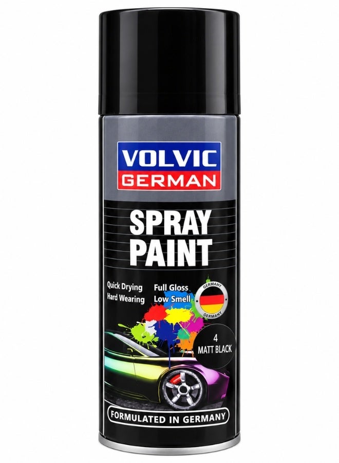 بخاخ طلاء Volvic German سبراي دهان أسود مطفي رقم 4 سريع الجفاف ومتين للاستخدام العملي، طلاء إيروسول منخفض الرائحة مناسب لأعمال التجديد والترميم واللمسات النهائية على الأسطح المتوافقة في السيارات والمشروعات المنزلية والورشة، تركيبة مطورة في ألمانيا