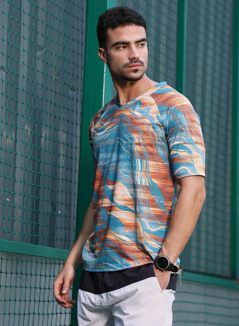Campus Sutra Campus Sutra Men's Sky Blue & Rust Orange Lined-Dye Activewear T-Shirt For Casual Wear | Crew Neck | Short Sleeves | Jersey T-Shirt Crafted With Comfort Fit For Everyday Wear  - Image 3