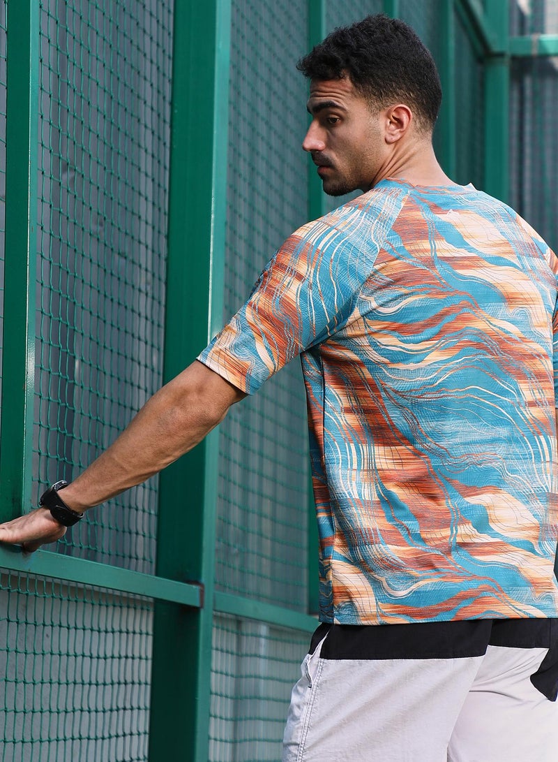 Campus Sutra Campus Sutra Men's Sky Blue & Rust Orange Lined-Dye Activewear T-Shirt For Casual Wear | Crew Neck | Short Sleeves | Jersey T-Shirt Crafted With Comfort Fit For Everyday Wear  - Image 5
