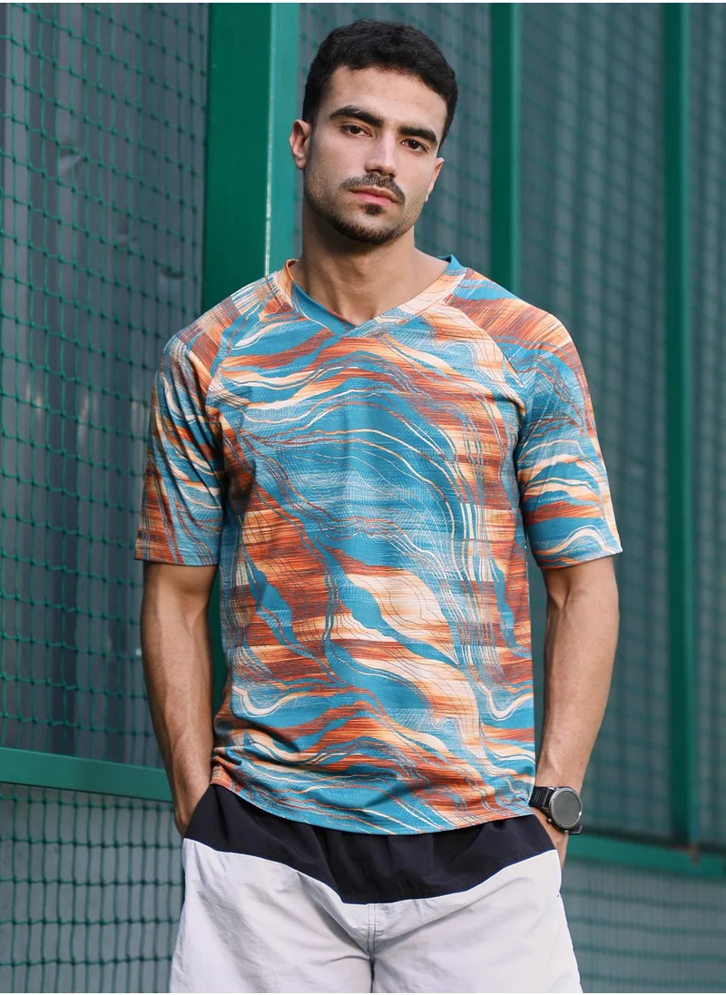 Campus Sutra Campus Sutra Men's Sky Blue & Rust Orange Lined-Dye Activewear T-Shirt For Casual Wear | Crew Neck | Short Sleeves | Jersey T-Shirt Crafted With Comfort Fit For Everyday Wear