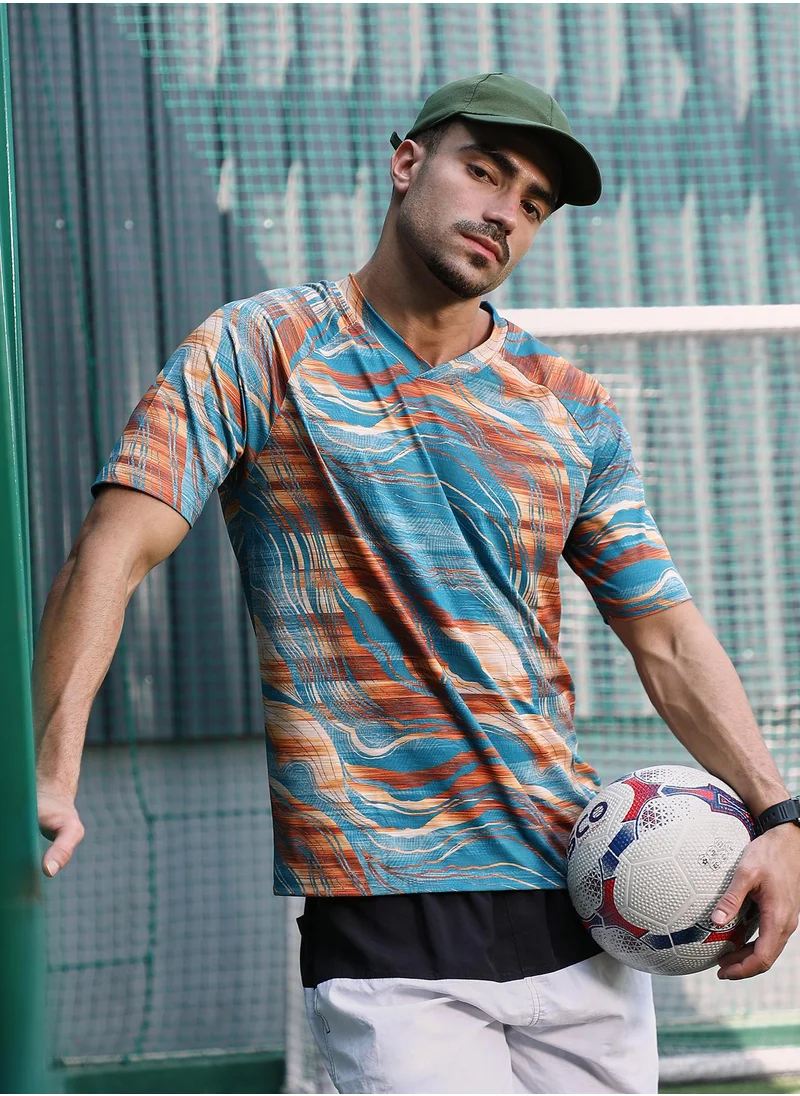 Campus Sutra Campus Sutra Men's Sky Blue & Rust Orange Lined-Dye Activewear T-Shirt For Casual Wear | Crew Neck | Short Sleeves | Jersey T-Shirt Crafted With Comfort Fit For Everyday Wear
