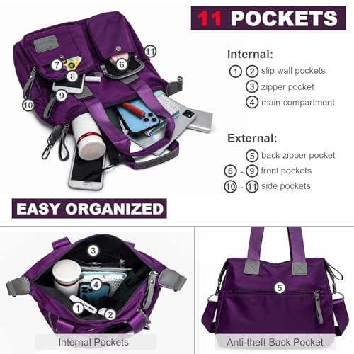 YouNuo Women Nylon Tote with Multiple Pockets & Zipper, Work Nursing Bag, Large Shoulder Handbag, Waterproof Galaxy Cross body Purse for Travel (Pure Purple) - Image 5