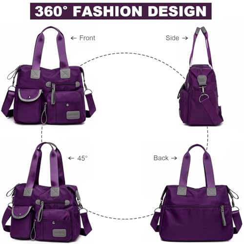 YouNuo Women Nylon Tote with Multiple Pockets & Zipper, Work Nursing Bag, Large Shoulder Handbag, Waterproof Galaxy Cross body Purse for Travel (Pure Purple) - Image 2