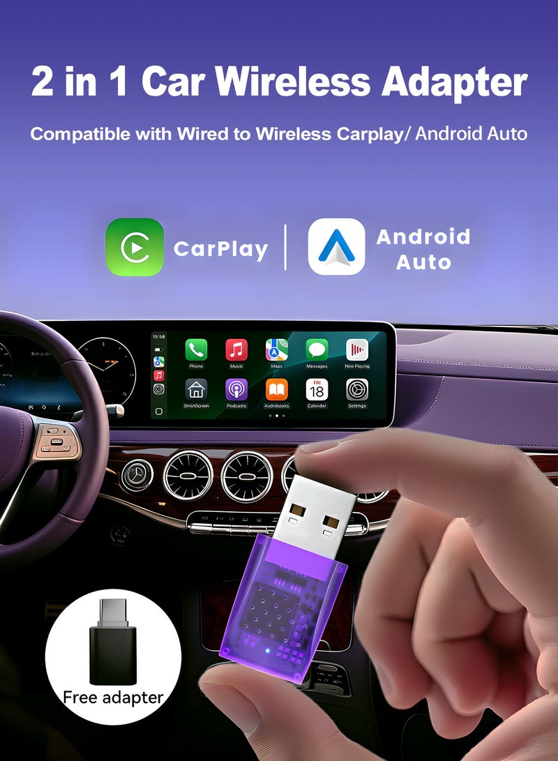 Chillspace 2-in-1 Wireless CarPlay & Android Auto Adapter, Zero Latency CarPlay Wired to Wireless, Fast Auto-Connect, No Delay, Compact Design for iPhone & Android with USB/USB-C Port(L8 Purple) - Image 1