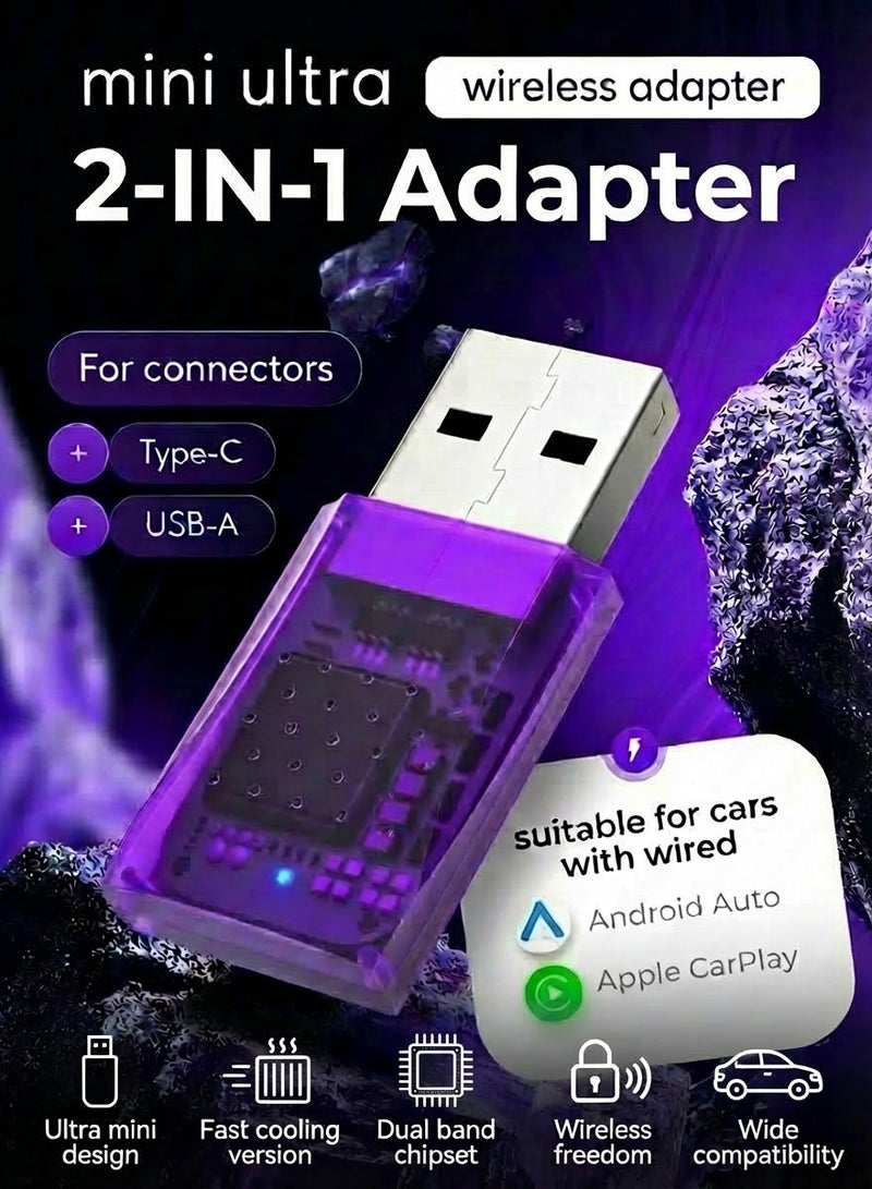 Chillspace 2-in-1 Wireless CarPlay & Android Auto Adapter, Zero Latency CarPlay Wired to Wireless, Fast Auto-Connect, No Delay, Compact Design for iPhone & Android with USB/USB-C Port(L8 Purple) - Image 1