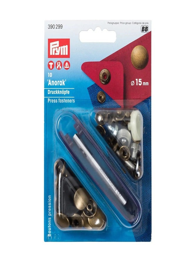 Prym Non-sew Fasteners Anorak Antique Brass 15 mm, altmessing, 10 Stück, Gold - Image 1