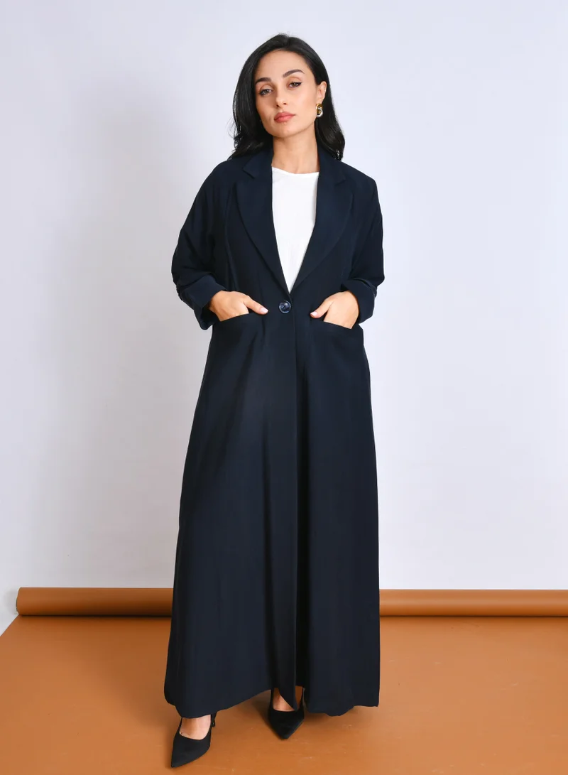 HAWRAA ABAYA Navy Blazer-Cut Abaya with Lining, Front Pockets and Button Closure