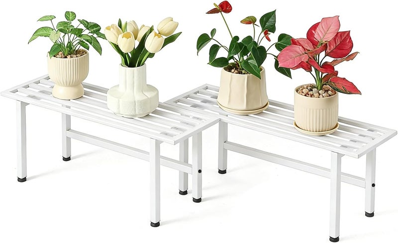 Dipion 2 Pack Metal Plant Stand Outdoor Plant Shelf Indoor,1 Tier Heavy Duty Plant Stands for Multiple Plants,26" L x 10.12" H x 8.75" W,White - Image 1