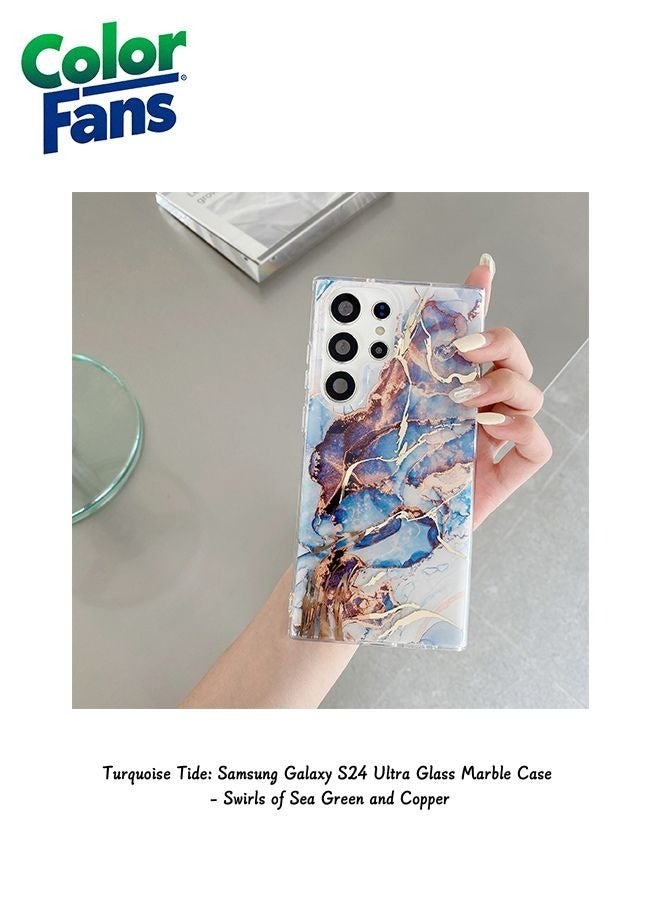 كولور فانس غطاء زجاجي رخامي لهاتف Samsung Galaxy S24 Ultra - دوامات من اللون الأخضر البحري والنحاسي