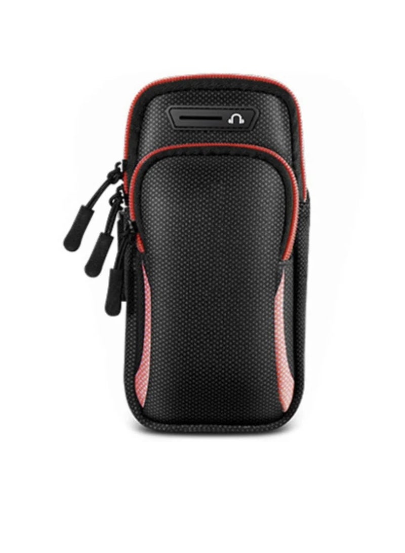 AROAQ حقيبة ذراع، حقيبة جري قابلة للتنفس مع دعم سماعات الأذن، حزام رياضي مقاوم للماء للدراجات الخارجية، حقيبة هاتف رياضية بسحاب مزدوج للجري، ركوب الدراجات، التنزه، الصيد، اليوغا، (أسود وأحمر) - Image 1