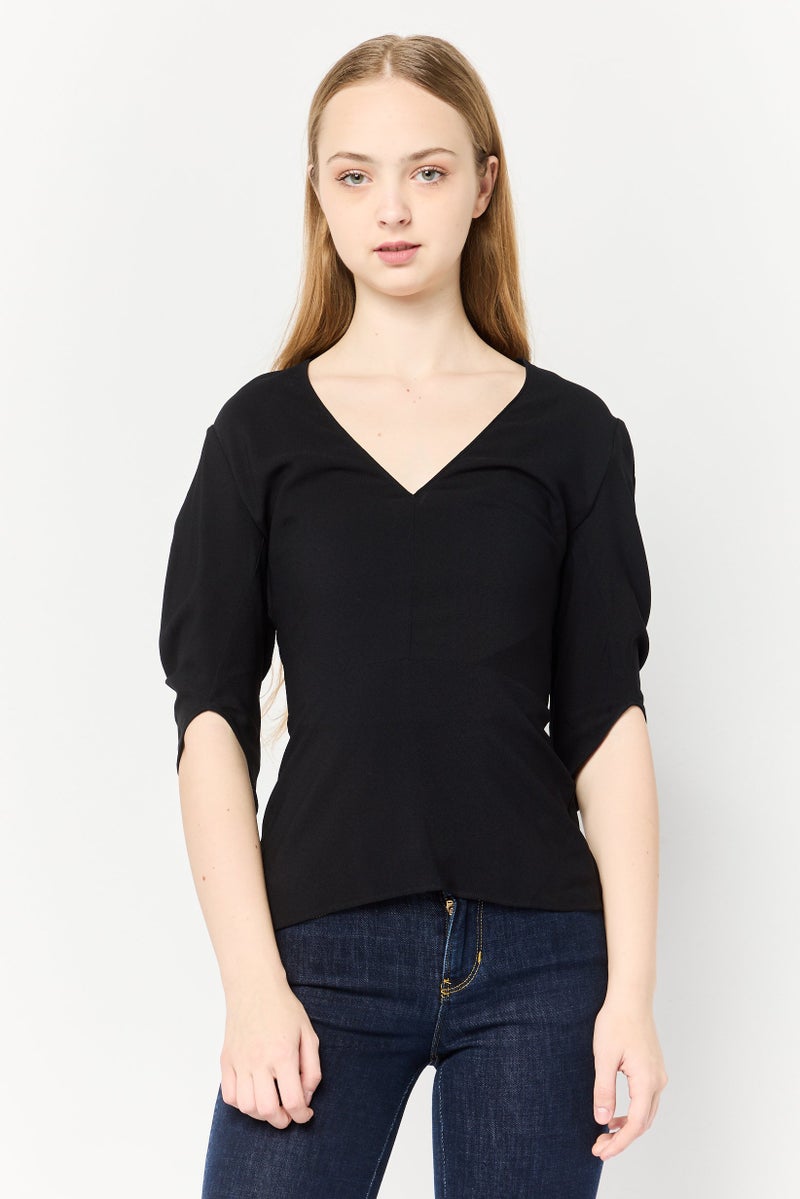 STELLA MCCARTNEY Women V-Neck 3/4 Sleeve Solid Top, Black - Image 1