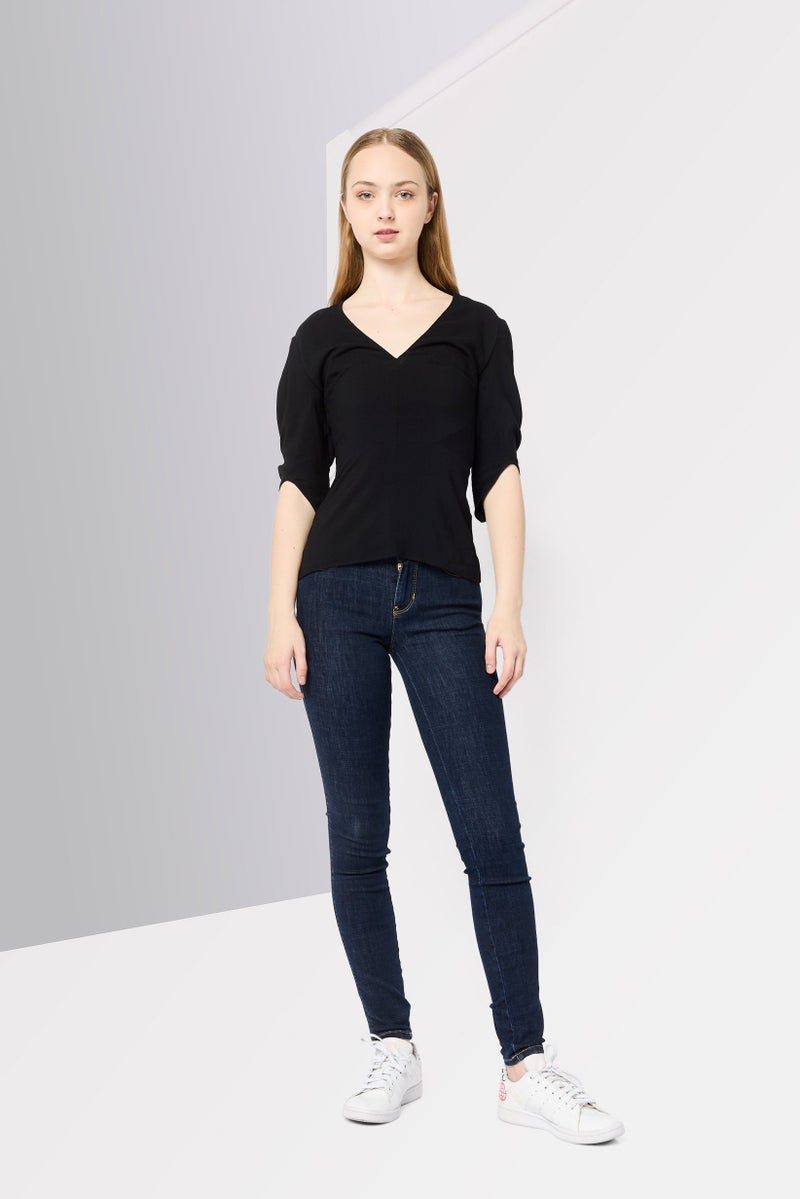 STELLA MCCARTNEY Women V-Neck 3/4 Sleeve Solid Top, Black - Image 2