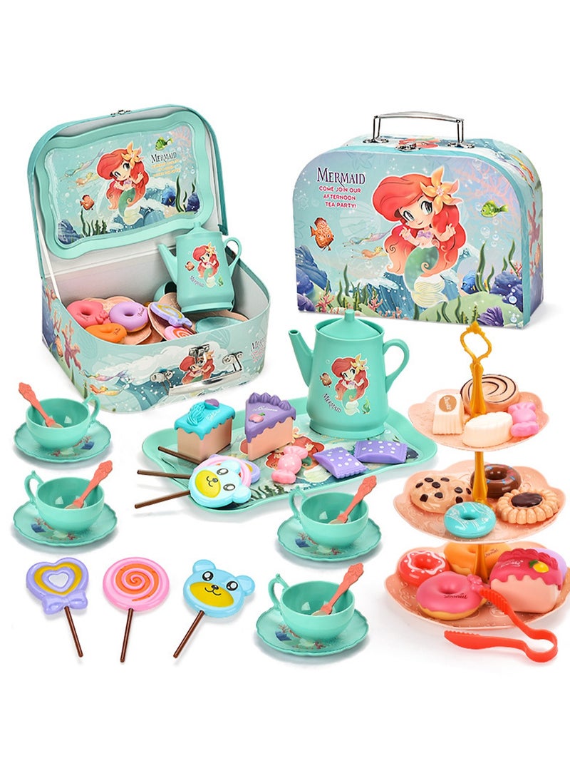 Mermaid Tea Set Plastic Afternoon Tea Portable Gift Box With Dessert Suitable For Little Girls Safe And Durable Children'S Tea Party Kitchen Tableware Set Toys Suitable For Children Over 3 Years Old - Image 1
