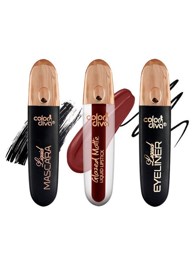 Color Diva Value Pack Combo, Glazed Matte Liquid Lipstick With Eyeliner & Mascara | Long Lasting, Water & Smudge Proof, Light Weight, 14 Hour Long Stay, Pack Of 3 (Sizzling Slayer 197) - Image 1