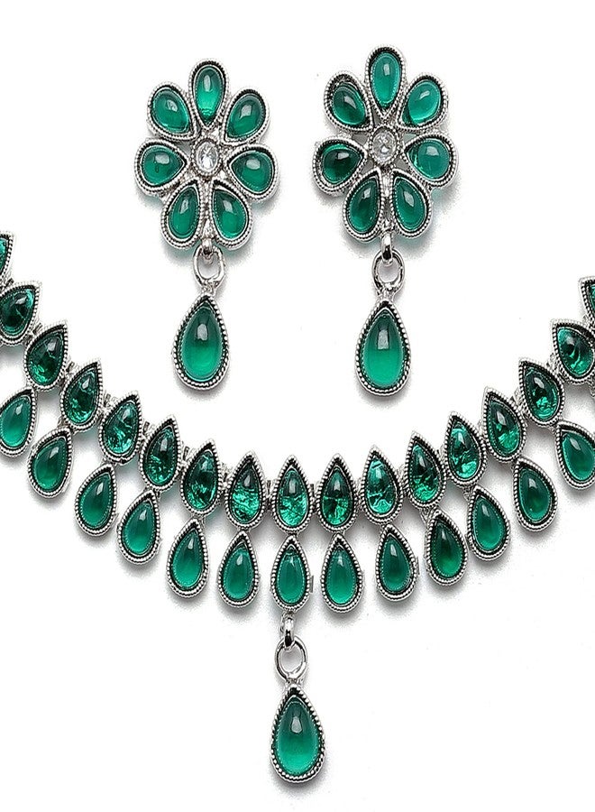 KENNICE Oxidised Silver-Plated Pear Shaped American Diamond Studded Necklace with Earrings Jewellery Set for Girls and Women - Image 2