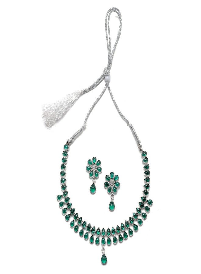KENNICE Oxidised Silver-Plated Pear Shaped American Diamond Studded Necklace with Earrings Jewellery Set for Girls and Women - Image 1