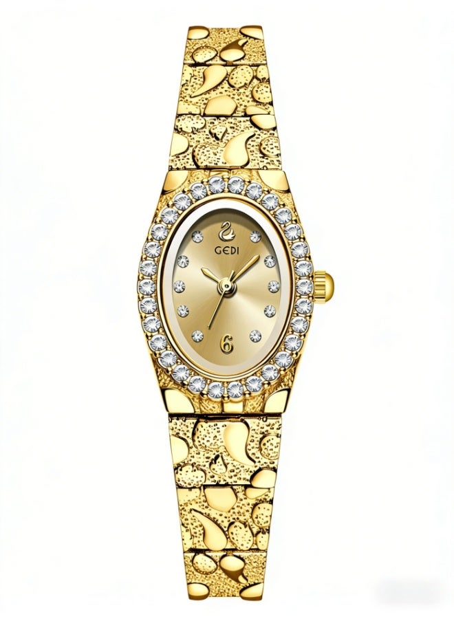 GEDI Luxury Gold Women's Watch - Oval Crystal-Encrusted Dial Stainless Steel Bracelet, Elegant Ladies Quartz Wristwatch for Daily & Formal Occasions - Image 1